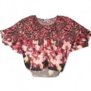 Jennifer Lopez Pink and black sheer chiffon Floral Blouson top L